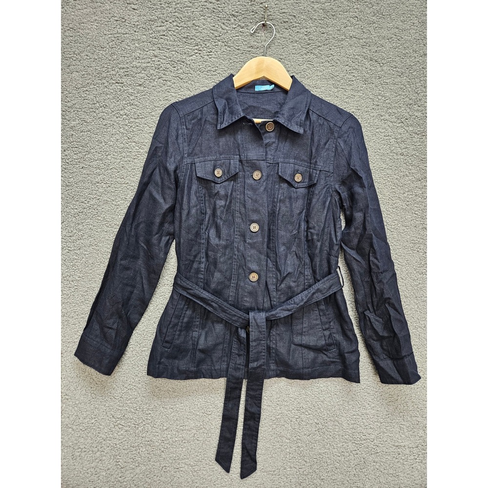 J.McLaughlin 100% Linen Safari Utility Jacket XS Navy Belted Coastal Classic